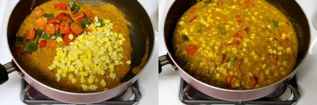 Collage of 2 images showing adding cooked peppers and corn and mixed.