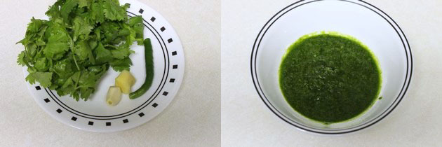 Collage of 2 images showing cilantr0, ginger and green chili in a plate and ground paste in a bowl.