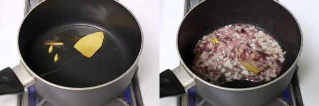 Collage of 2 images showing adding whole spices in the oil and adding onion.