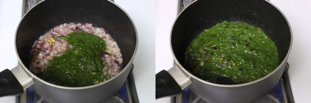 Collage of 2 images showing adding prepared paste and mixed.