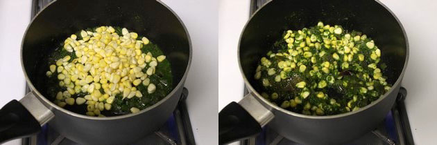 Collage of 2 images showing adding and mixing corn.