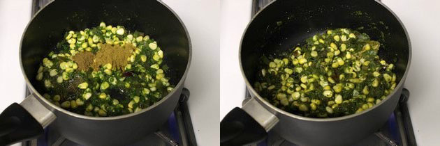 Collage of 2 images showing adding spice powders and mixed.