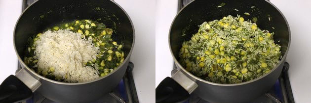 Collage of 2 images showing adding and mixing rice.