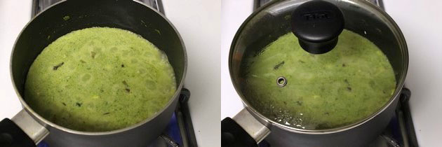 Collage of 2 images showing adding and mixing coconut milk.