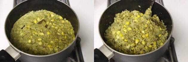 Collage of 2 images showing cooked rice and fluffed up using fork.