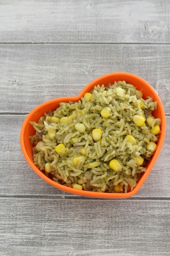 Corn rice in a heart shaped bowl.