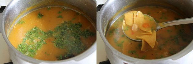 Collage of 2 images showing adding cilantro and taking a ladleful of dhokli.