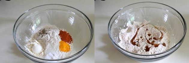 Collage of 2 images showing dry flour and spices in a bowl and adding oil.