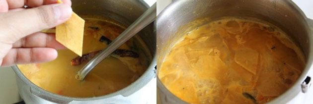 Collage of 2 images showing adding cut pieces into simmering dal and cooking.