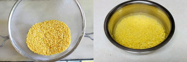 Collage of 2 images showing moong dal in a colander and soaking moong dal in a bowl.