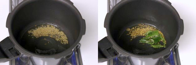 Collage of 2 images showing tempering on cumin seeds and curry leaves.