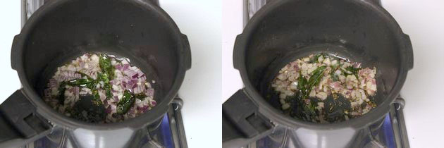 Collage of 2 images showing adding and cooking onion.