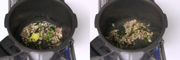 Collage of 2 images showing adding ginger, green chili and sauteing.