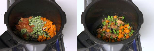 Collage of 2 images showing adding and mixing veggies.