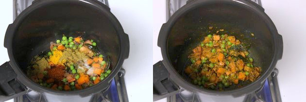 Collage of 2 images showing adding and mixing spices.