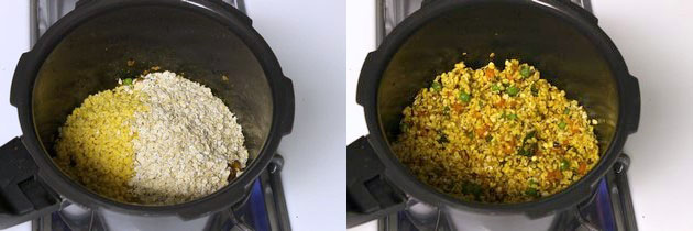 Collage of 2 images showing adding moong dal and oats and mixed.