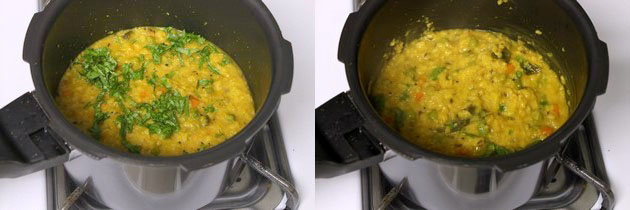 Collage of 2 images showing adding cilantro and mixed.