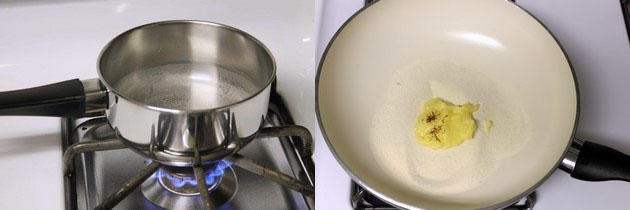 water is simmering and ghee, sooji in a pan