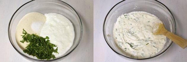 Collage of 2 images showing rava yogurt, salt and cilantro in a bowl and mixed together.