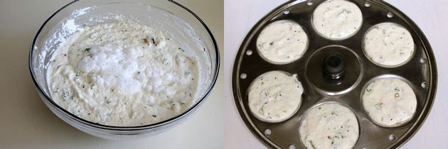 Collage of 2 images showing adding eno fruit salt and pouring batter into the idli tray.