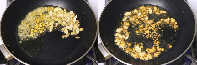 Collage of 2 images showing roasting chana dal, urad dal and cashews.
