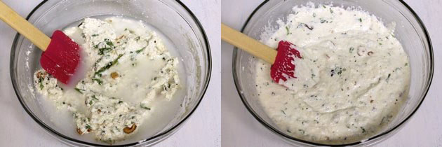 Collage of 2 images showing adding and mixing water to the batter.