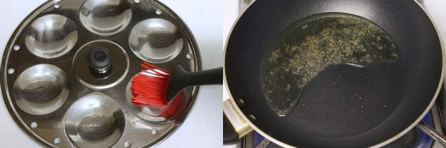 Collage of 2 images showing greasing idli tray and tempering of mustard seeds.