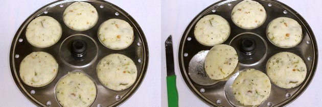 Collage of 2 images showing cooked isli and removed from the tray.