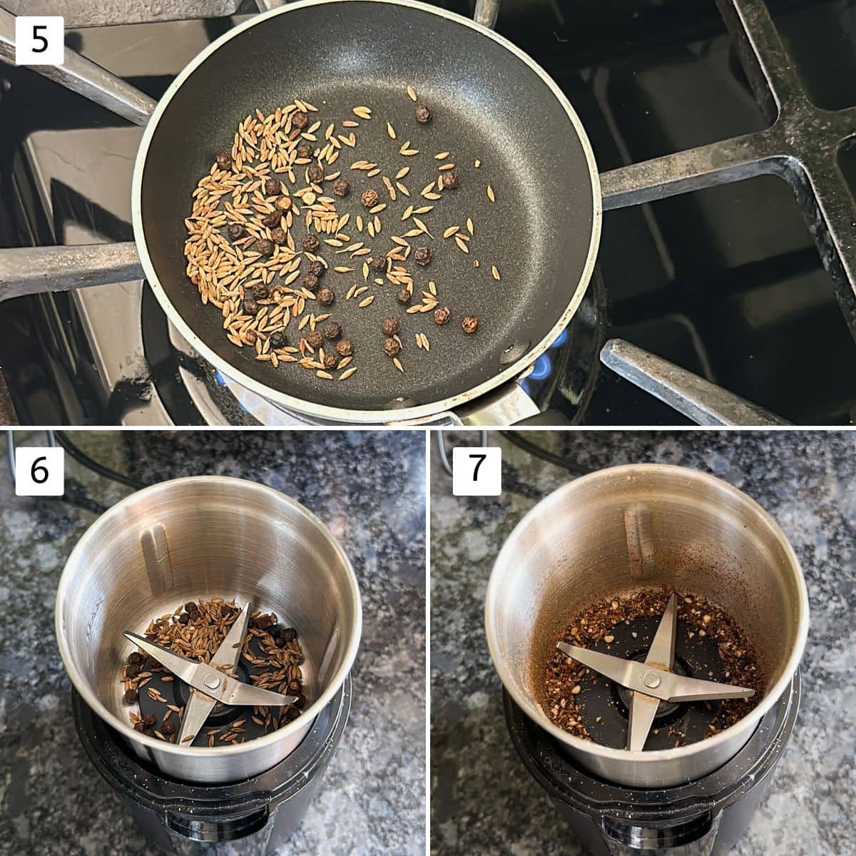 Collage of 3 images showing dry roasting cumin seeds and peppercorns, making coarse powder.