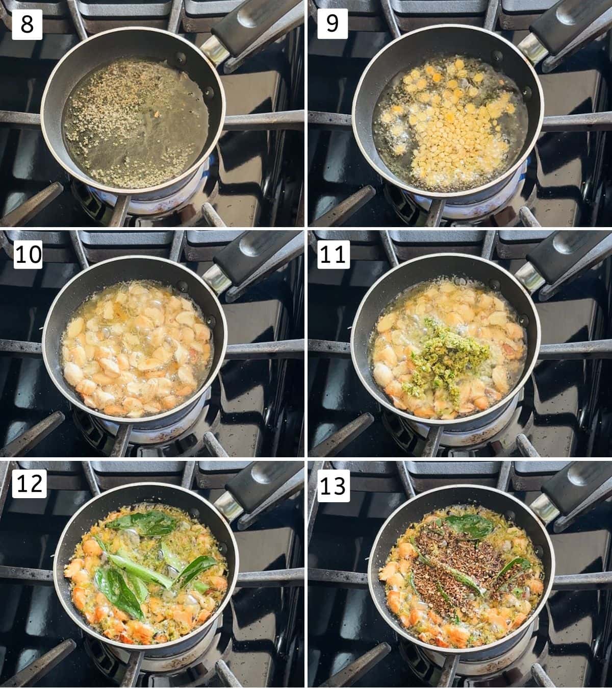 Collage of 6 images showing tempering with spices, lentils, curry leaves, ginger and green chili.