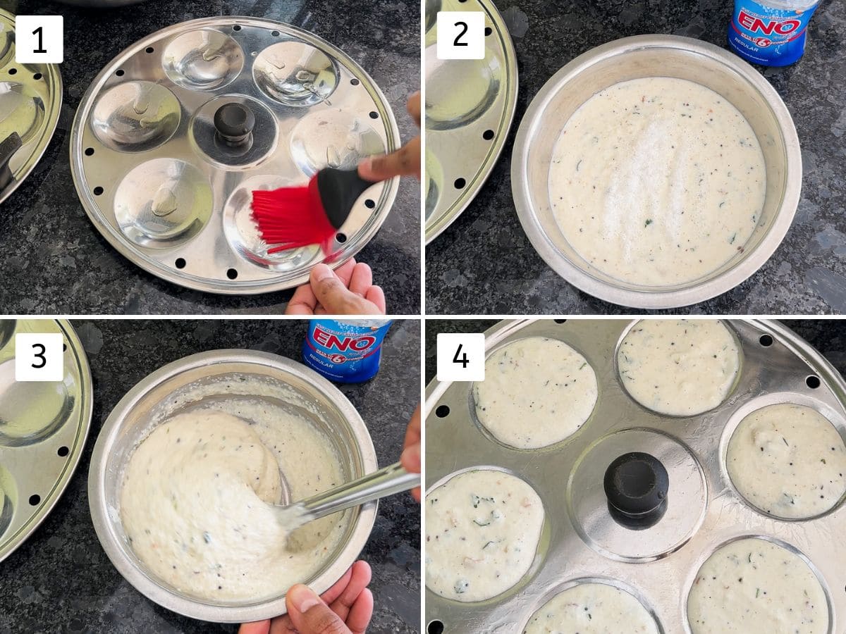 Collage of 4 images showing perparing idli tray, adding eno to the batter and pouring batter into idli tray.