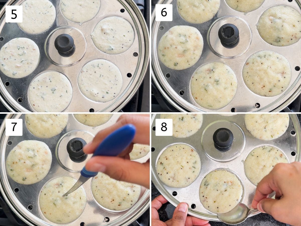 Collage of 4 images showing steaming idlis into steamer.