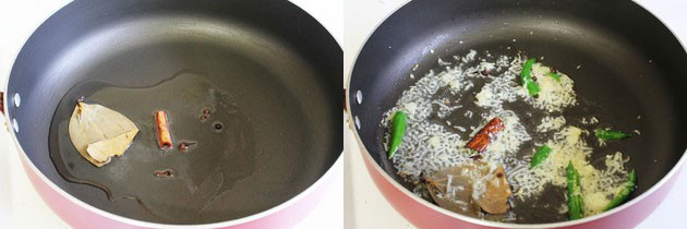 Collage of 2 images showing tempering of whole spices and ginger garlic paste.