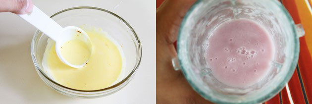 Collage of 2 images showing dissolved saffron in cream and onion paste.