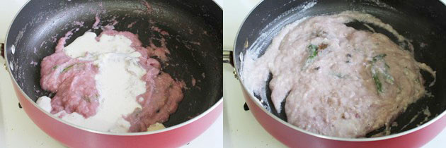 Collage of 2 images showing adding cashew paste and mixing.