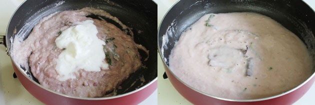 Collage of 2 images showing adding and mixing yogurt.