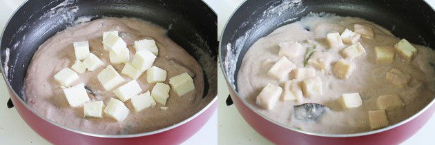 Collage of 2 images showing adding paneer and mixing.