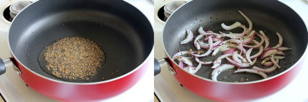 Collage of 2 images showing tempering on mustard and cumin and adding onion.