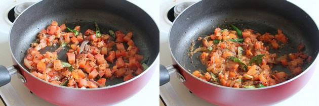 Collage of 2 images showing mixing and cooking tomatoes.