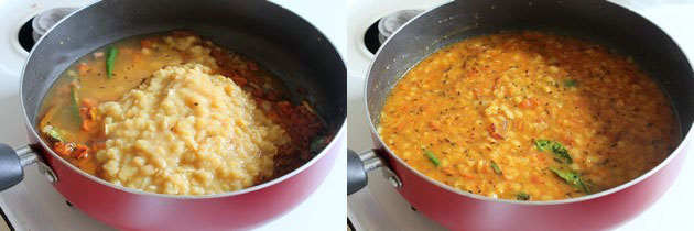 Collage of 2 images showing adding and mixing cooked dal and water.