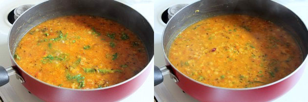 Collage of 2 images showing adding and mixing cilantro.