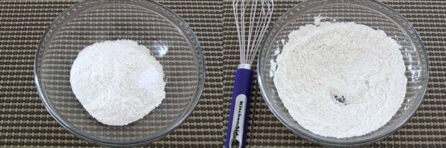 Collage of 2 images showing dry flour mixture in a bowl.