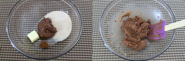 Collage of 2 images showing butter, nutella and sugar in a bowl and mixed.