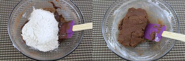 Collage of 2 images showing adding dry flour mixture and making cookie dough.