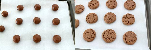 Collage of 2 images showing rolled cookie on a sheet and baked cookies.