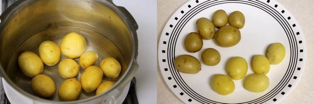 Collage of 2 images showing boiling potatoes and peeling.