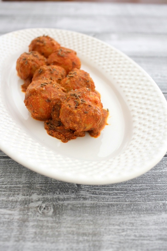 Kashmiri dum aloo served in a plate.