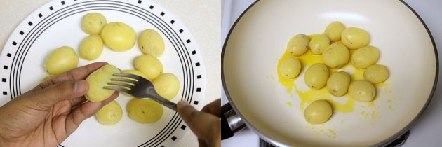 Collage of 2 images showing pricking with fork and shallow frying.