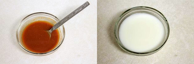 Collage of 2 images showing kashmiri chili water and whisked yogurt.