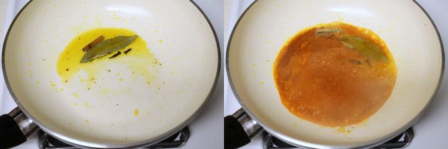 Collage of 2 images showing tempering whole spices and adding chili water.